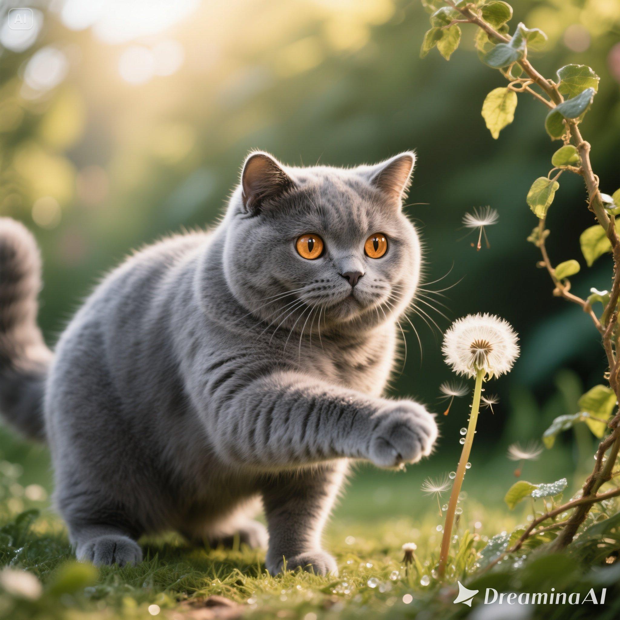 Curious Grey Cat Playing with Dandelion