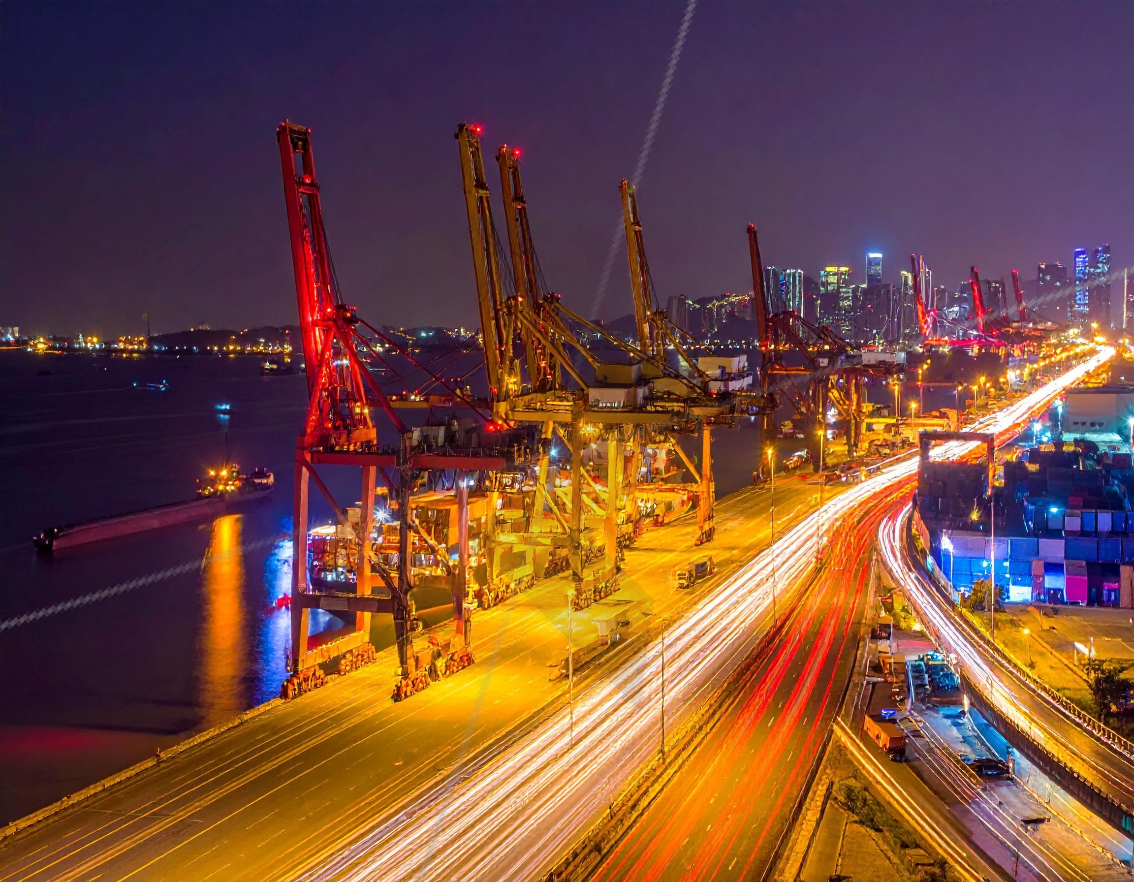 Dynamic Night Port City with Illuminated