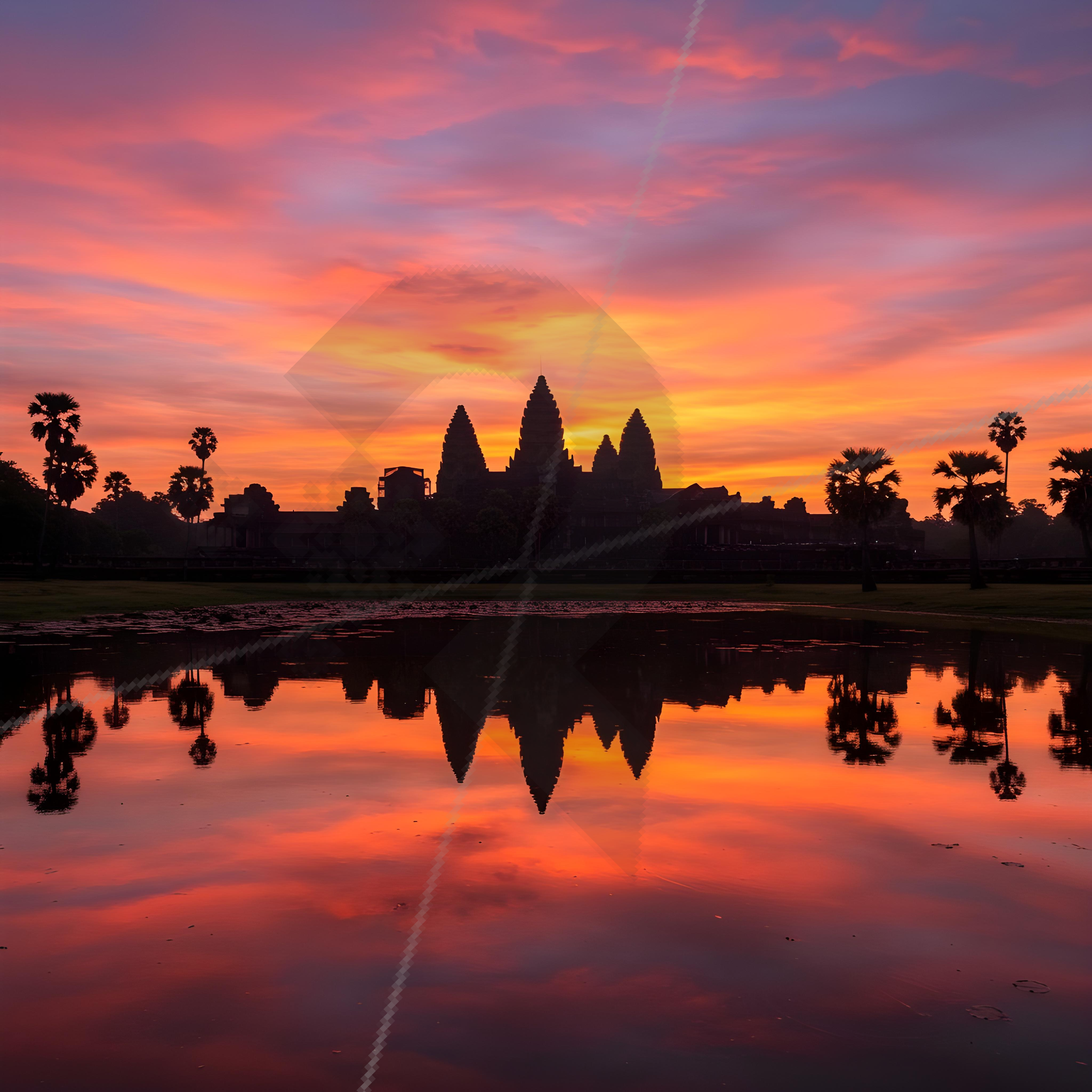 Angkor Wat silhouette reflects in water