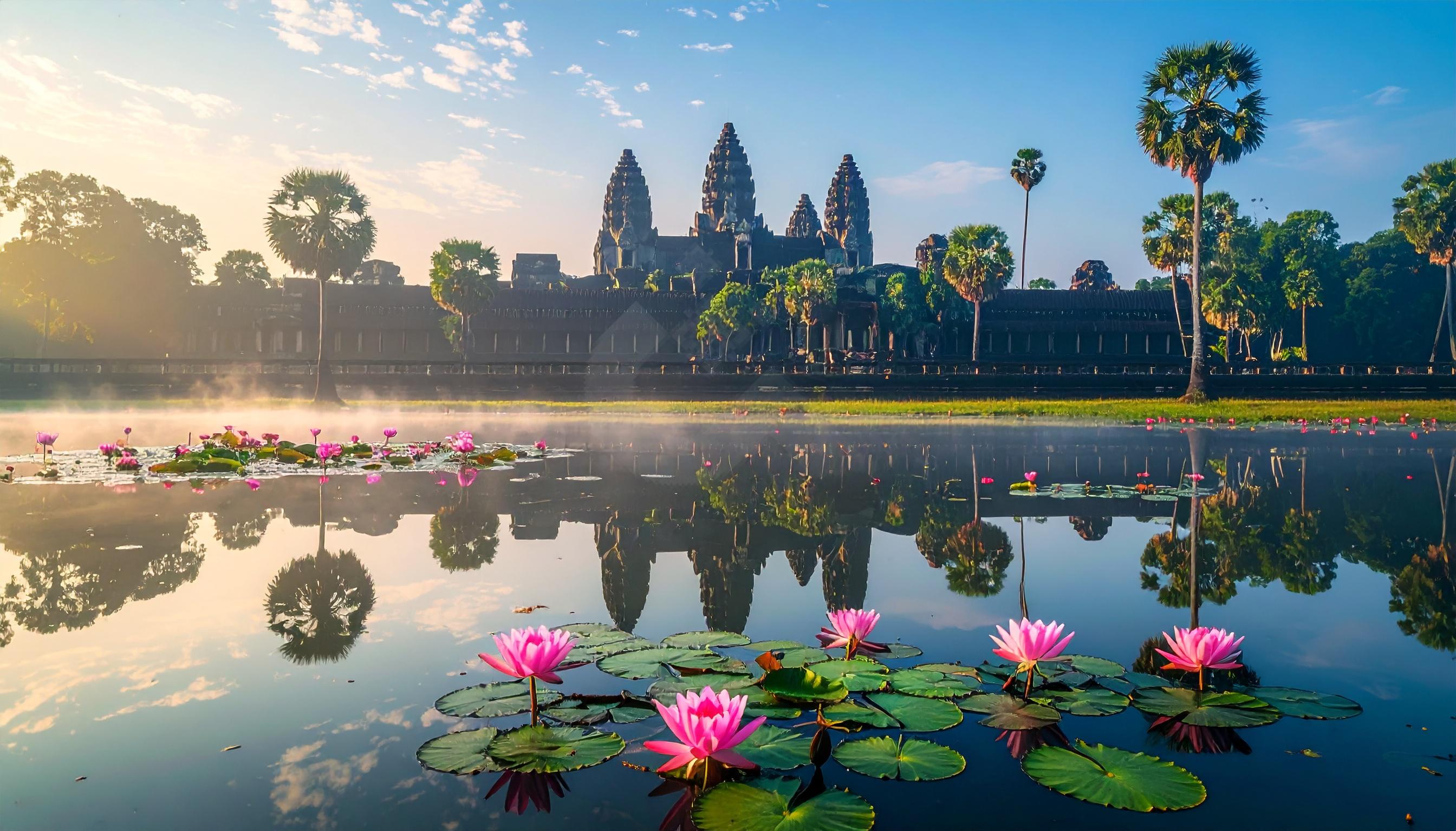 Angkor Wat Sunrise with Lotus Flowers an