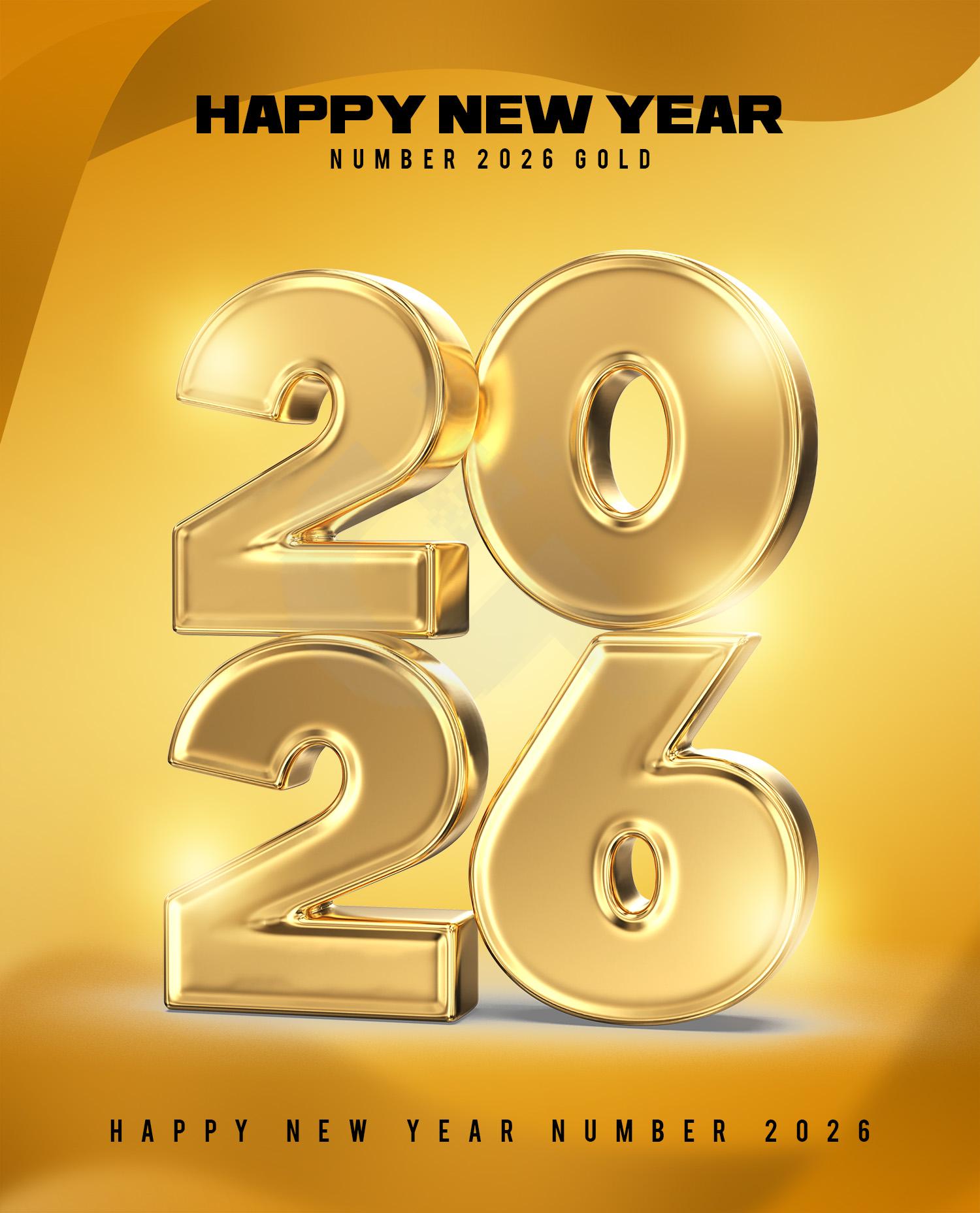 Happy New Year Number 2026 Gold 3D Rende