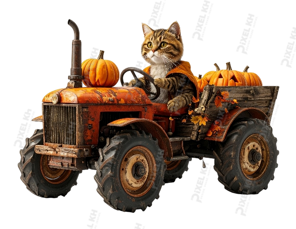 Whimsical Tabby Cat Driving Rusty Autumn