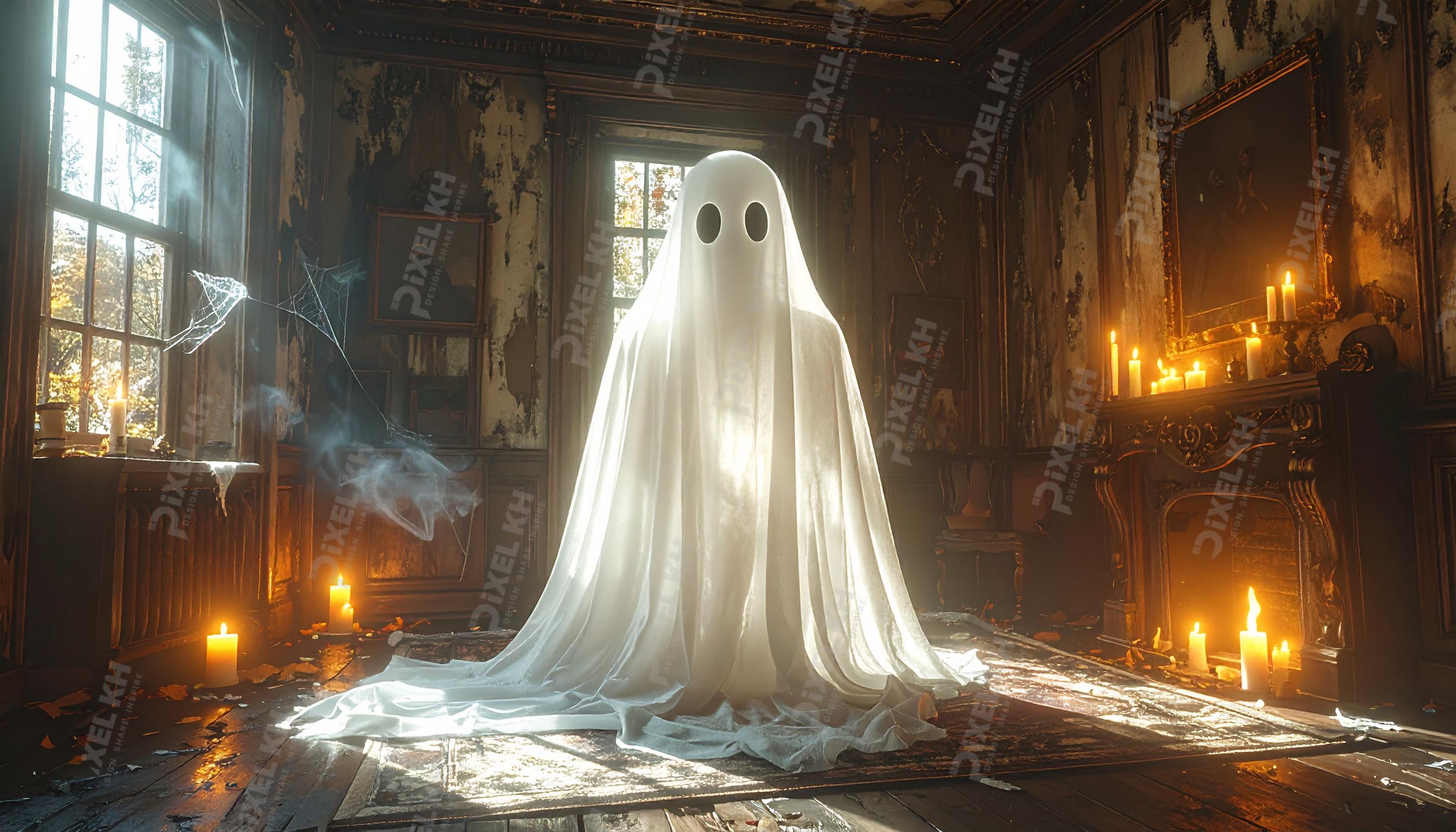 Ethereal Sheet Ghost Haunting a Decaying